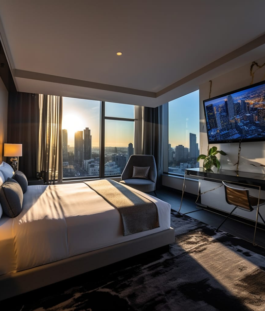 Imagem de um lindo quarto de hotel com uma televisão instalada, exibindo o trabalho da artweb